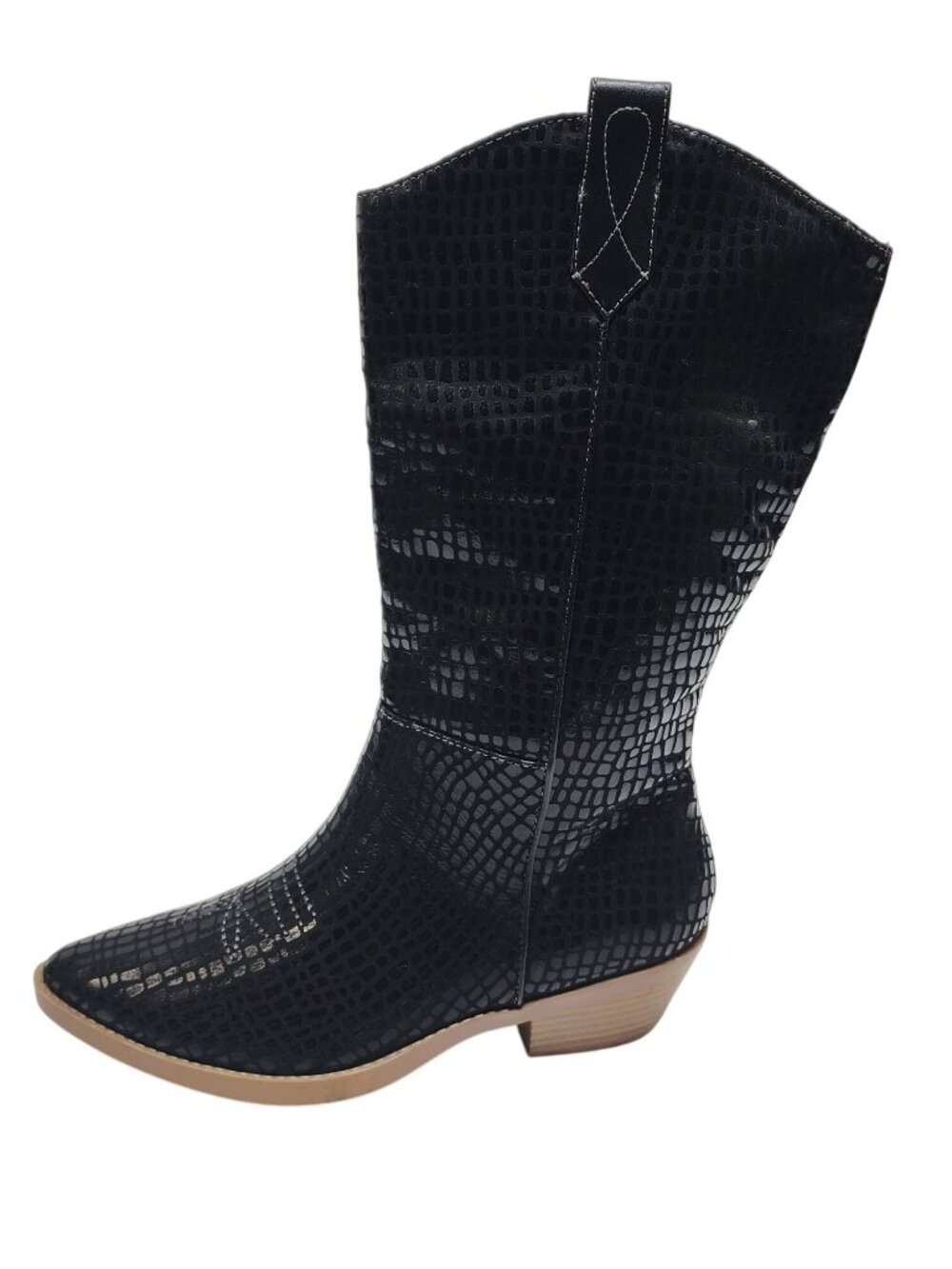 Black Croc-Embossed Mid-Calf Western Boots Size 6M Faux Leather Upper Block Heel